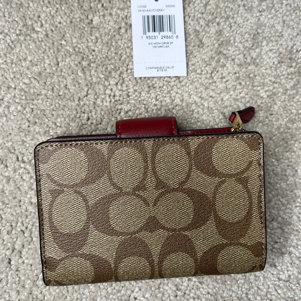 NWT Coach Cherry Red and Brown Signature medium corner zip Wallet - Picture 7 of 11